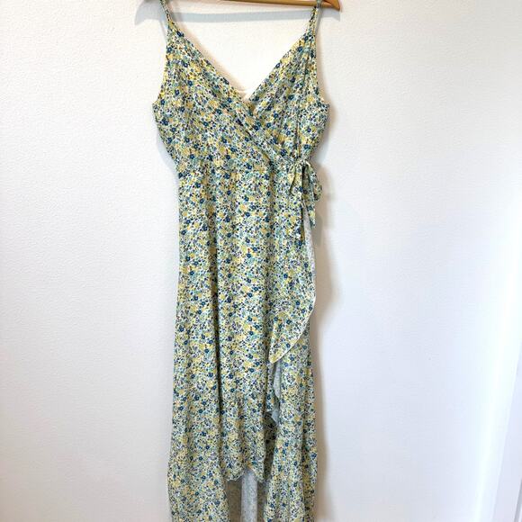 Altar'd State Yellow/Blue Floral Ruffle Faux Wrap V-Neck Cottage Maxi Dress- L - Picture 7 of 11